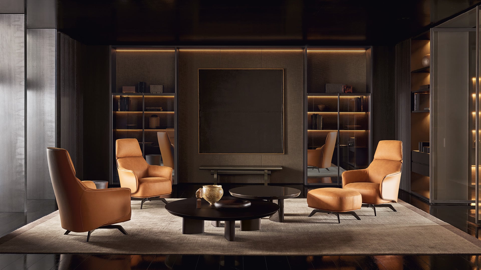 Ambiente studio moderno, con poltrone Kaori Lounge, tavolini Adrien e Soori.