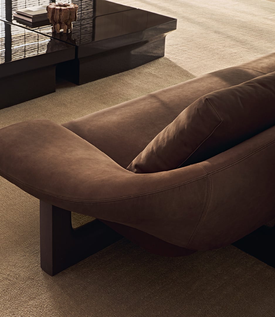 Modern living room with Owen leather sofa and armchair, Joan coffee tables